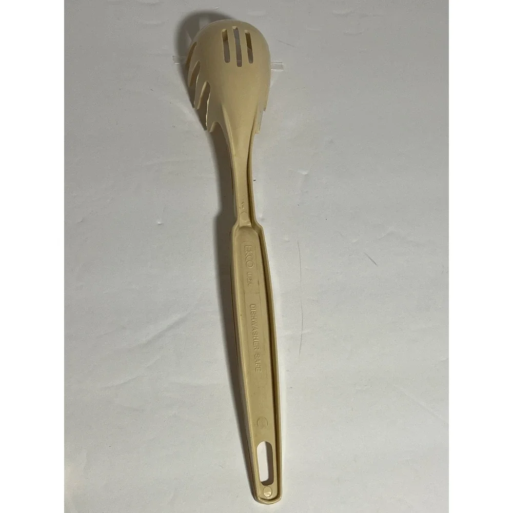 Vintage Ekco Kitchen Utensil 4pc Slotted Spatula Spoons Pasta Server Brown Tan